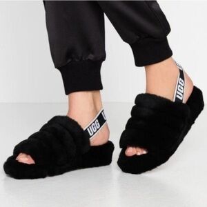 UGG K Fluff Yeah Slide Black White Cozy Fluffy Slipper Shoes